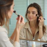 Femme appliquant maquillage naturel devant miroir