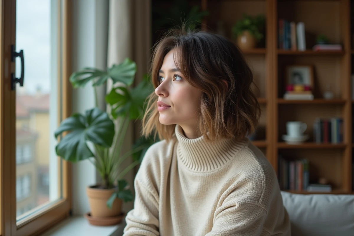 Femme aux cheveux bob dans un appartement moderne