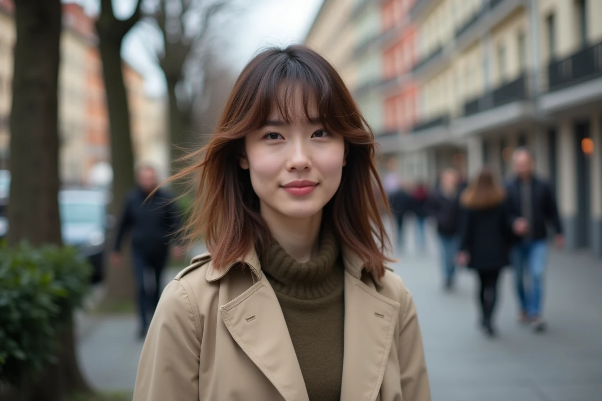 Femme dehors avec cheveux bouclés et trench