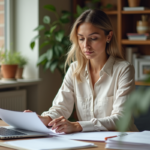 Femme en bureau lisant des documents professionnels