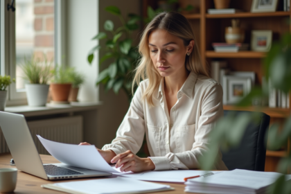 Femme en bureau lisant des documents professionnels