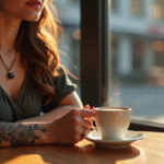 Jeune femme au café avec tatouage floral sur l'avant bras