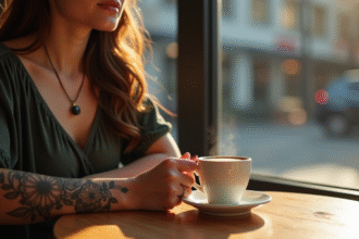 Jeune femme au café avec tatouage floral sur l'avant bras
