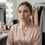 Femme célèbre dans sa loge, visage à moitié maquillé, reflétant la réalité derrière l'image publique