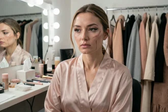 Femme célèbre dans sa loge, visage à moitié maquillé, reflétant la réalité derrière l'image publique