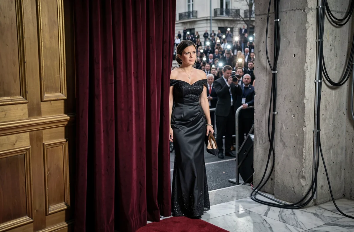 Femme élégante entre coulisses et tapis rouge, regard pensif révélant la pression de la célébrité