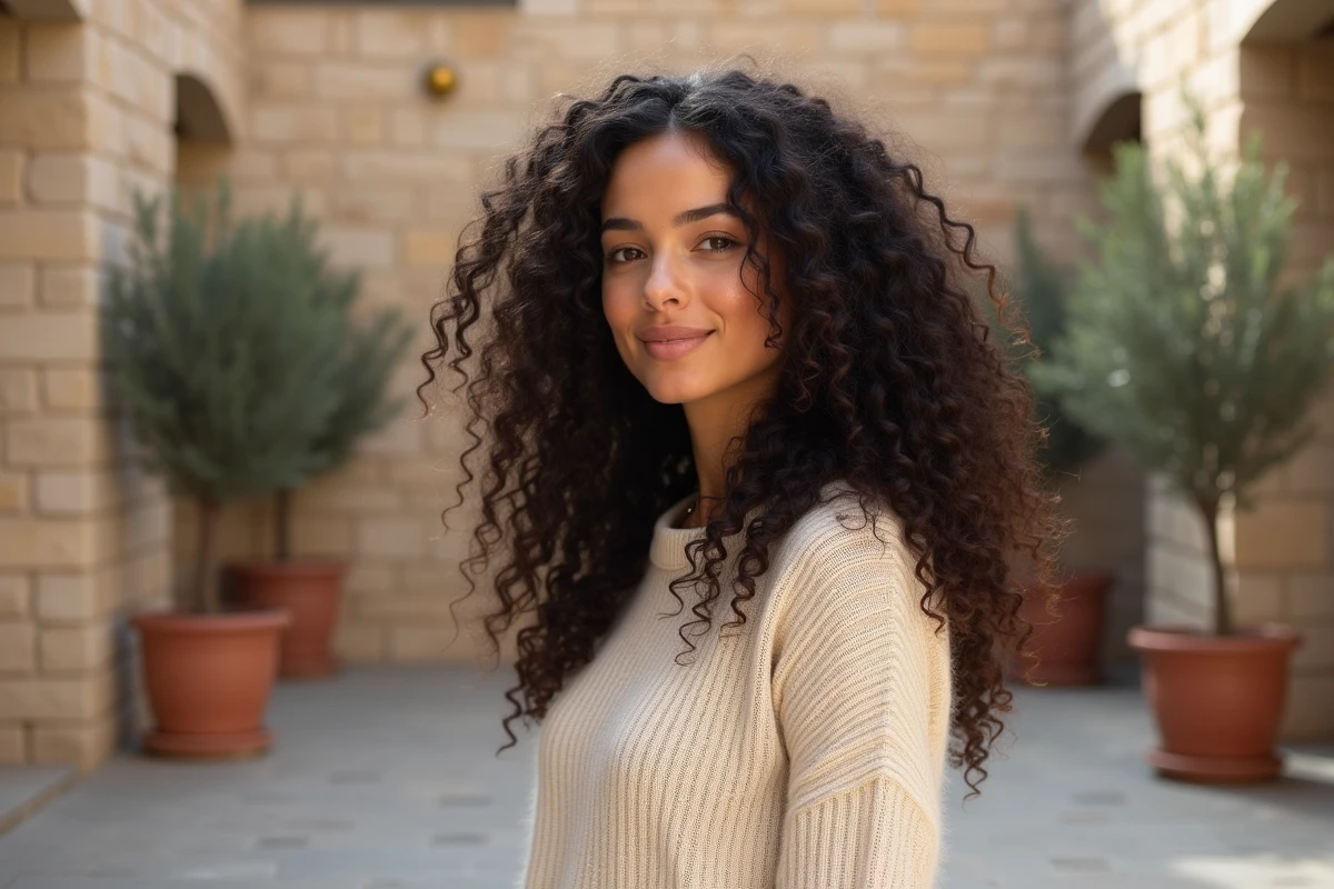 Femme aux longs cheveux bouclés naturels et coupe en U dans une cour urbaine en pierre