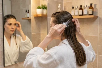 Femme aux cheveux fins et raides appliquant une mousse coiffante volumisante devant son miroir de salle de bain
