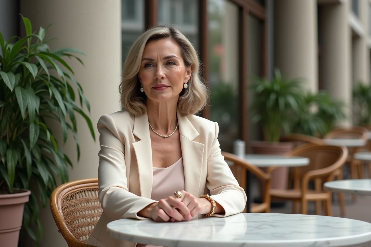 Femme assise au café en robe pastel et bracelet délicat