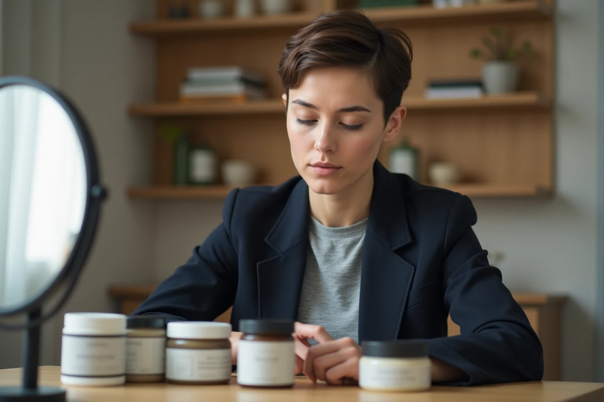 Femme avec une coupe courte pixie évaluant différents pots de cire pour cheveux sur une coiffeuse