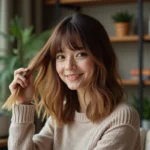 Femme souriante avec frange en intérieur cosy