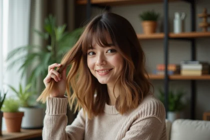 Femme souriante avec frange en intérieur cosy