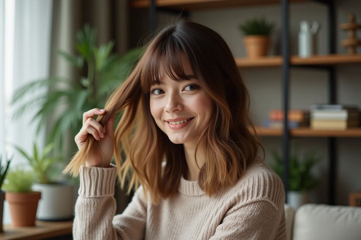 Femme souriante avec frange en intérieur cosy