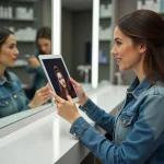 Femme en salon comparant coupe virtuelle avec tablette