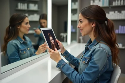 Femme en salon comparant coupe virtuelle avec tablette