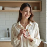 Jeune femme comparant deux flacons de parfum dans une salle de bain minimaliste pour trouver un bon dupe Lidl