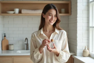 Jeune femme comparant deux flacons de parfum dans une salle de bain minimaliste pour trouver un bon dupe Lidl
