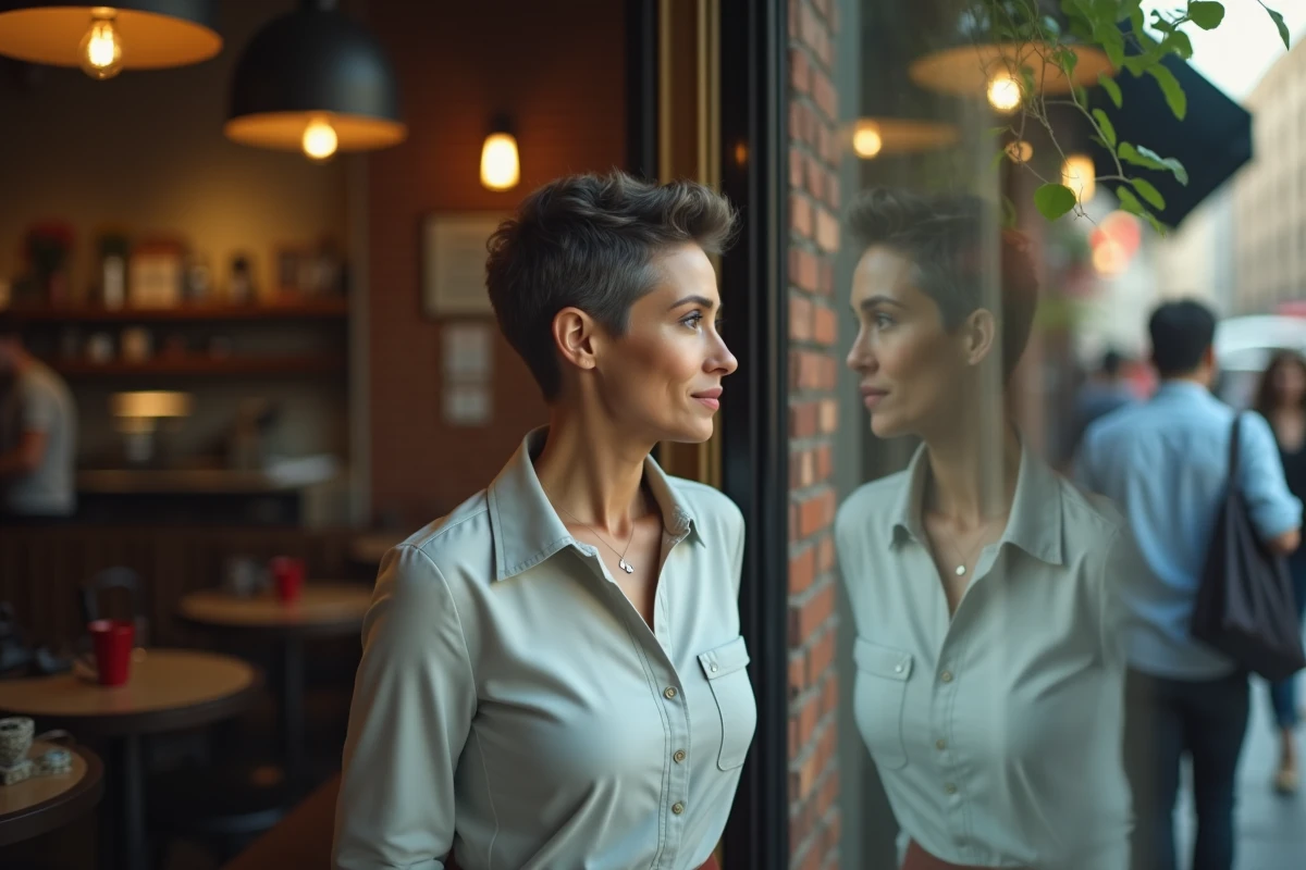 Femme confiante regardant par la fenêtre d’un café urbain
