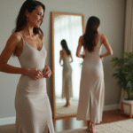 Femme confiante en robe midi regardant son reflet