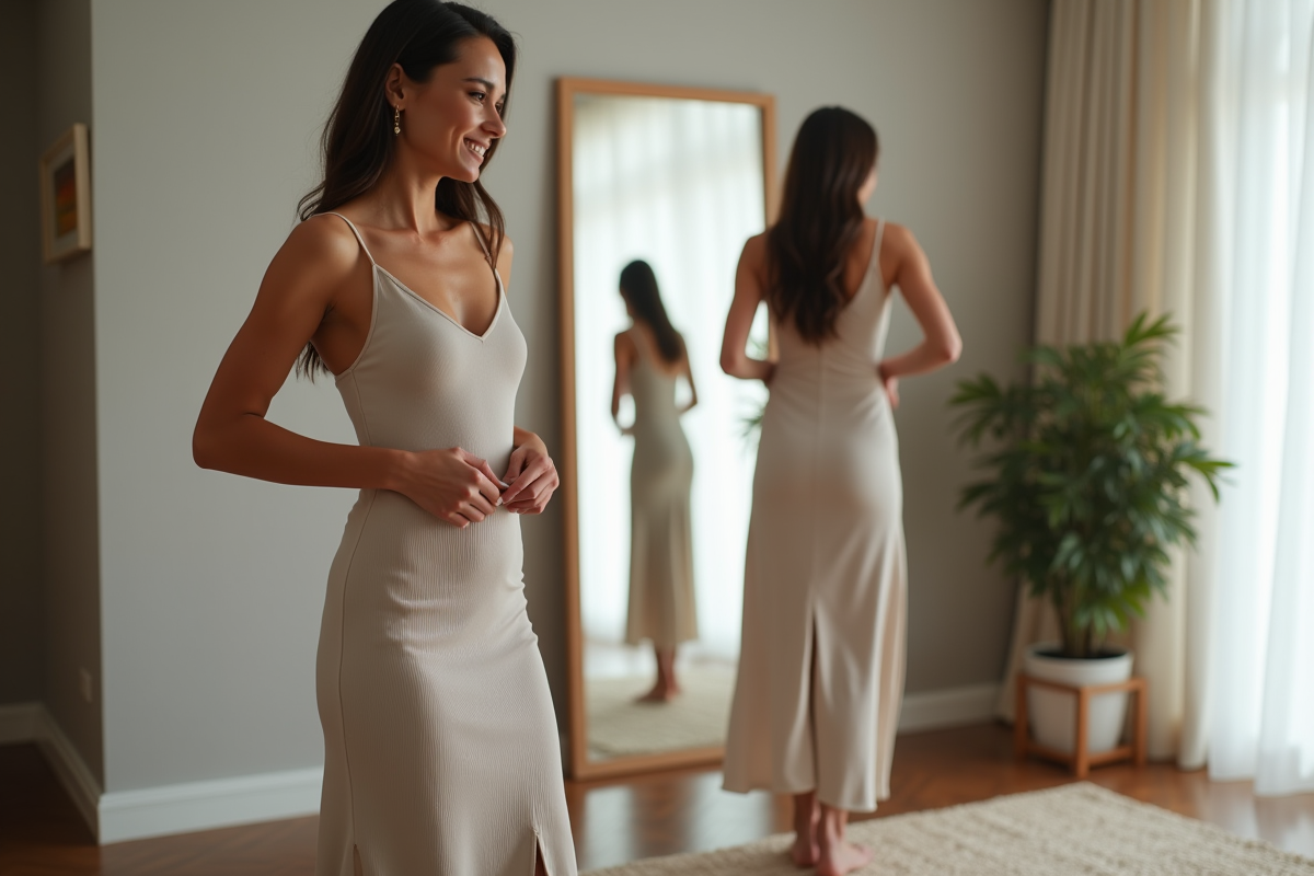 Femme confiante en robe midi regardant son reflet