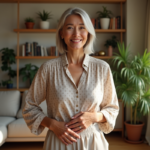 Femme confiante en intérieur avec blouse fluide et sourire naturel