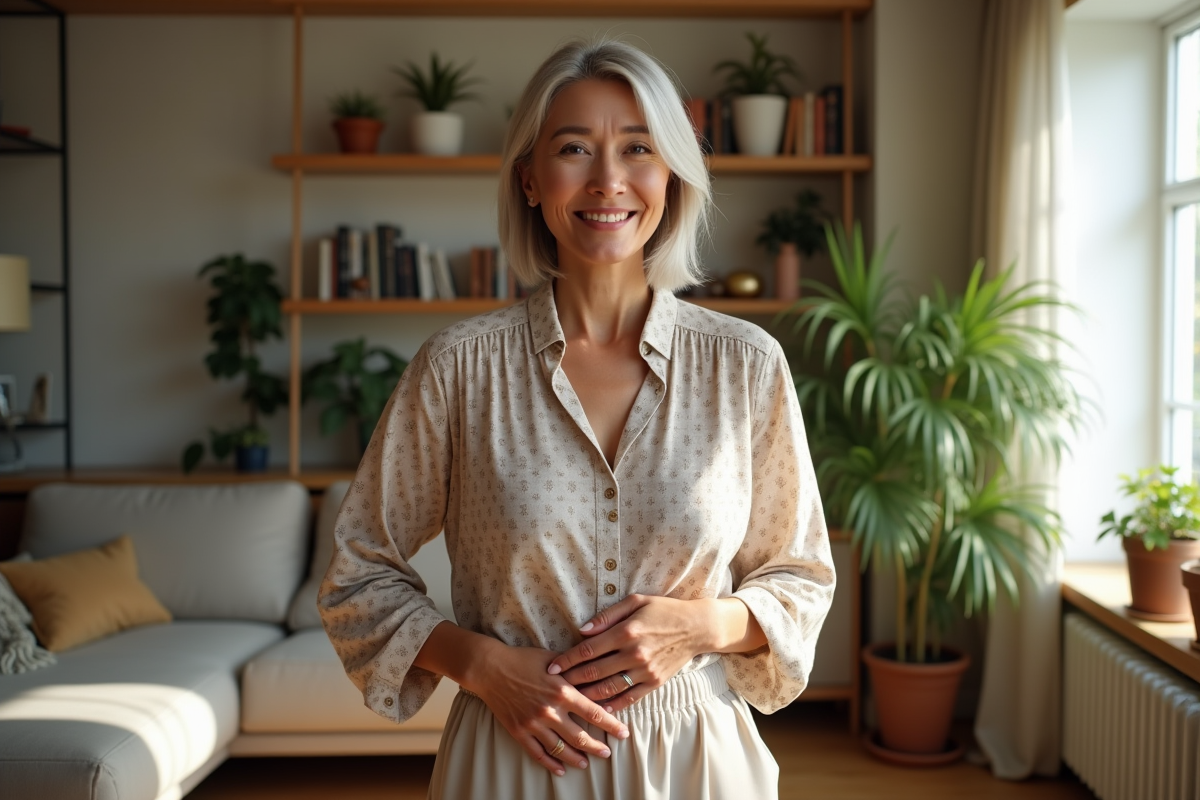 Femme confiante en intérieur avec blouse fluide et sourire naturel