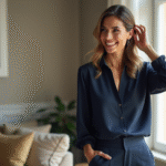 Femme confiante souriante près d'une fenêtre lumineuse