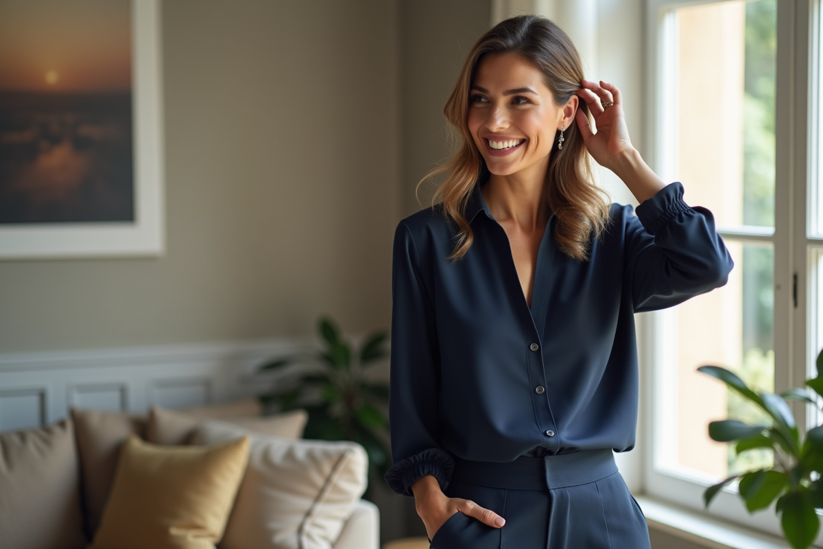 Femme confiante souriante près d'une fenêtre lumineuse