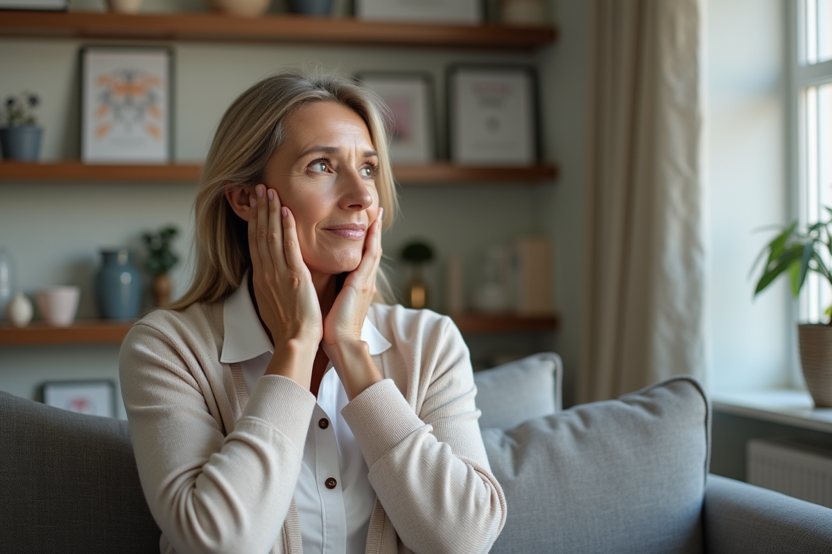 Femme d'une cinquantaine assise dans un cabinet médical