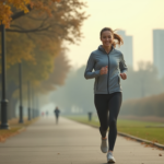 Femme sportive courant dans un parc urbain au matin
