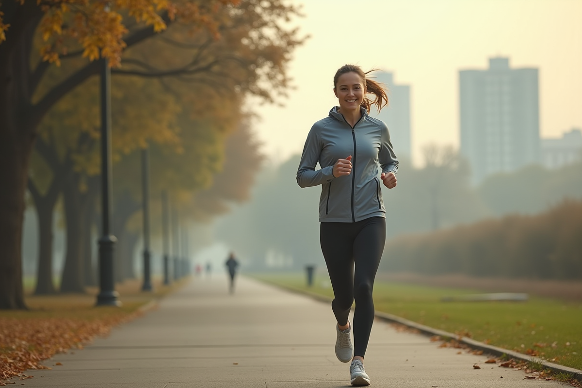 Femme sportive courant dans un parc urbain au matin