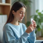 Femme tenant une crème cicatrice dans un salon lumineux