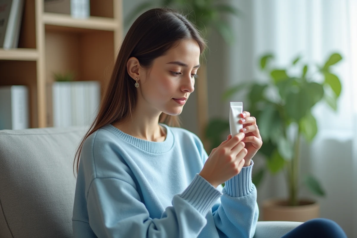 Femme tenant une crème cicatrice dans un salon lumineux