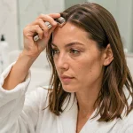 Femme utilisant un dermaroller sur le cuir chevelu dans une salle de bain moderne pour stimuler la pousse des cheveux