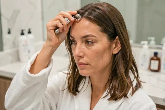 Femme utilisant un dermaroller sur le cuir chevelu dans une salle de bain moderne pour stimuler la pousse des cheveux
