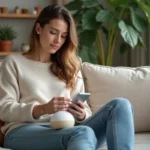 Jeune femme lisant un diffuseur d huiles essentielles dans un salon cosy