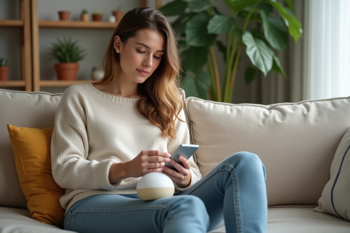 Jeune femme lisant un diffuseur d huiles essentielles dans un salon cosy