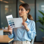 Femme élégante tenant un échantillon de couleurs dans un espace créatif