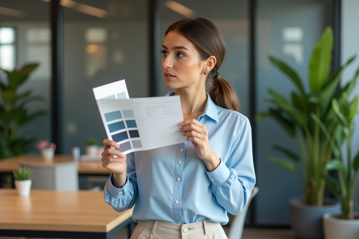 Femme élégante tenant un échantillon de couleurs dans un espace créatif