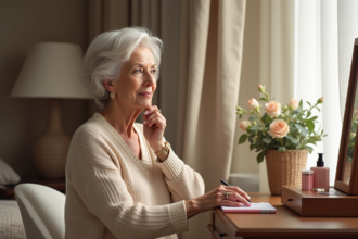 Femme élégante de 60 ans appliquant du rouge à lèvres rosé