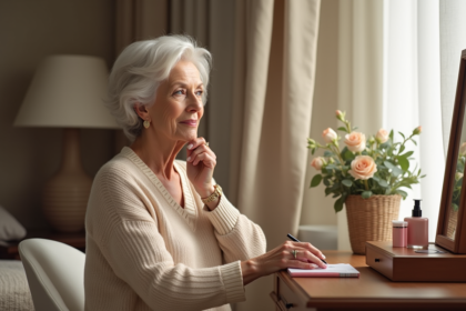 Femme élégante de 60 ans appliquant du rouge à lèvres rosé