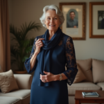 Femme élégante en robe bleue dans un salon chaleureux