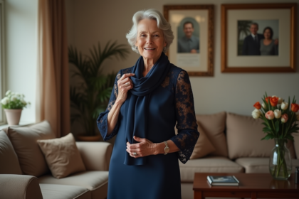 Femme élégante en robe bleue dans un salon chaleureux