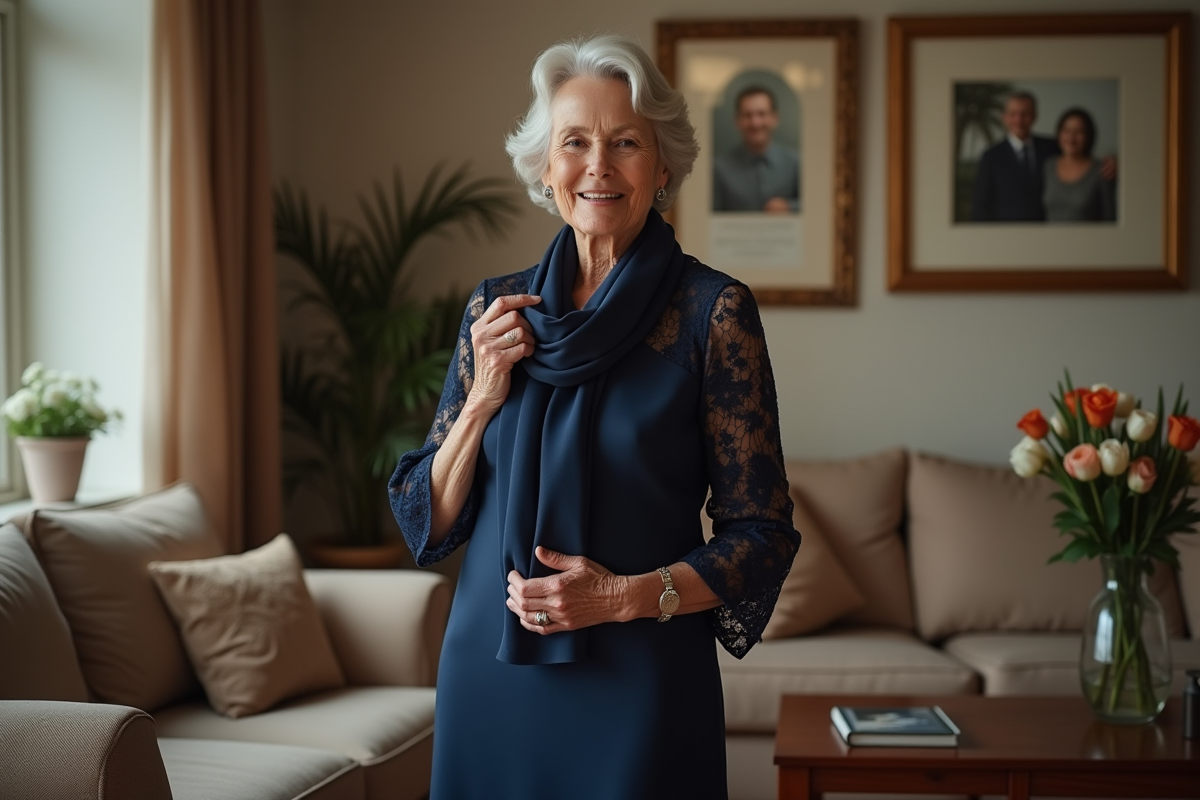 Femme élégante en robe bleue dans un salon chaleureux