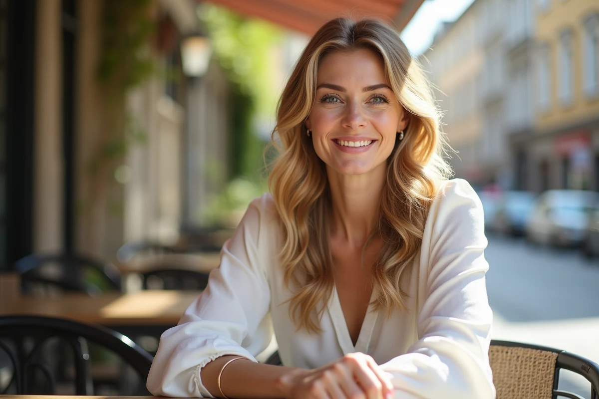 Femme aux cheveux longs souriante dans un café en ville