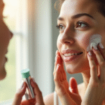 Femme de quarantaine appliquant une creme visage sous la lumiere naturelle