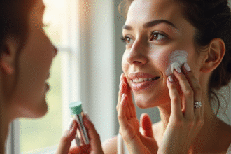 Femme de quarantaine appliquant une creme visage sous la lumiere naturelle