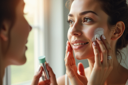 Femme de quarantaine appliquant une creme visage sous la lumiere naturelle