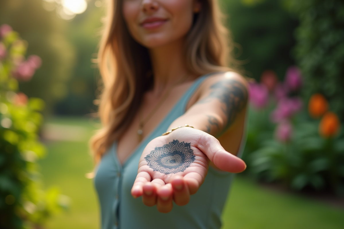 Femme dans un jardin avec tatouage mandala sur l