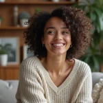 Femme souriante aux cheveux bouclés dans un salon chaleureux
